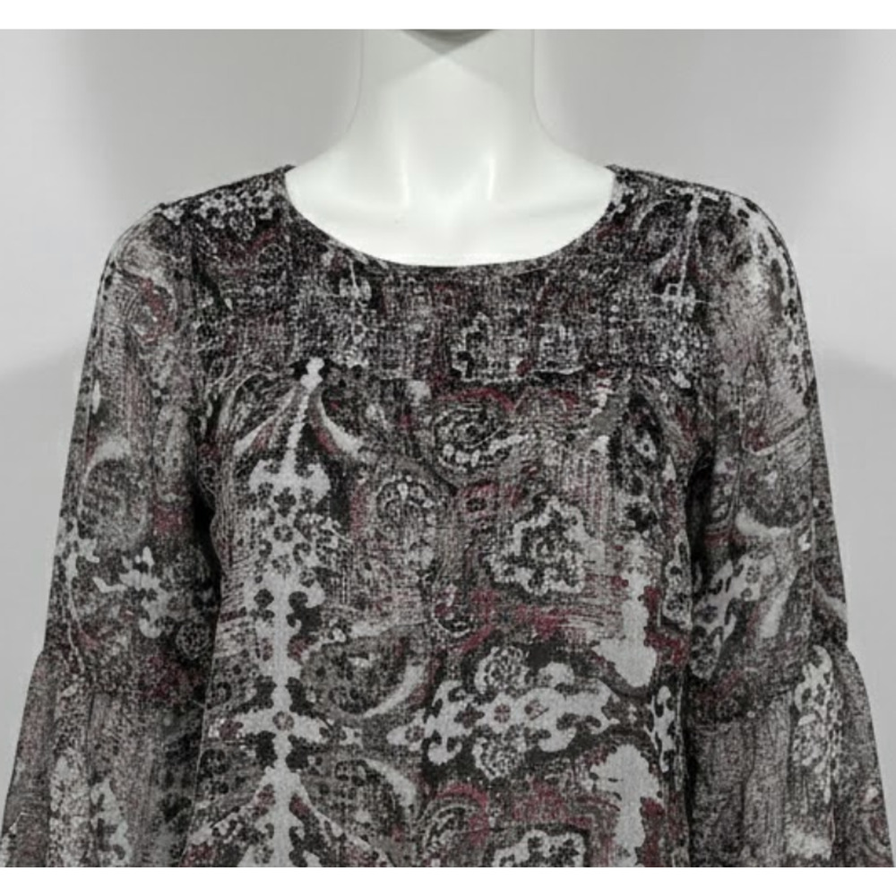AB Studio Blouse Womens XL Brown Red Black Paisley Kimono Sleeve Chiffon Lined
